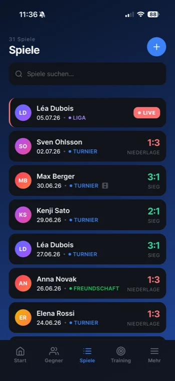 TT Playbook Player — Übersicht aller erfassten Spiele